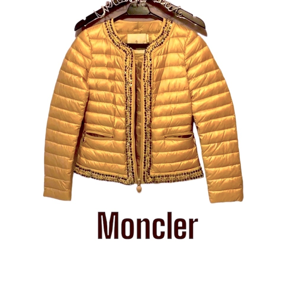 Jeweled Moncler brand jacket puffer coat beaded beige tan $1900